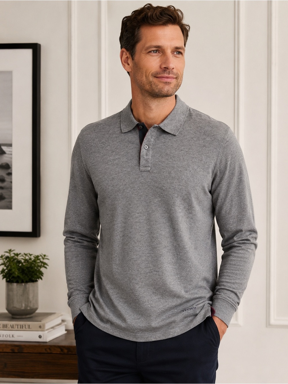 Tyrwhitt Men’s Gray Long Sleeve Polo Shirt Classic Cotton Collared Casual Top XL